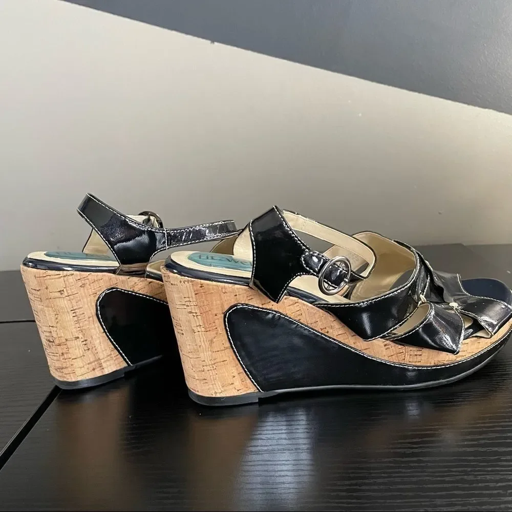 Fitzwell Navy Patent Leather and Cork Platform Wedge Strap Sandals, 9 1/2